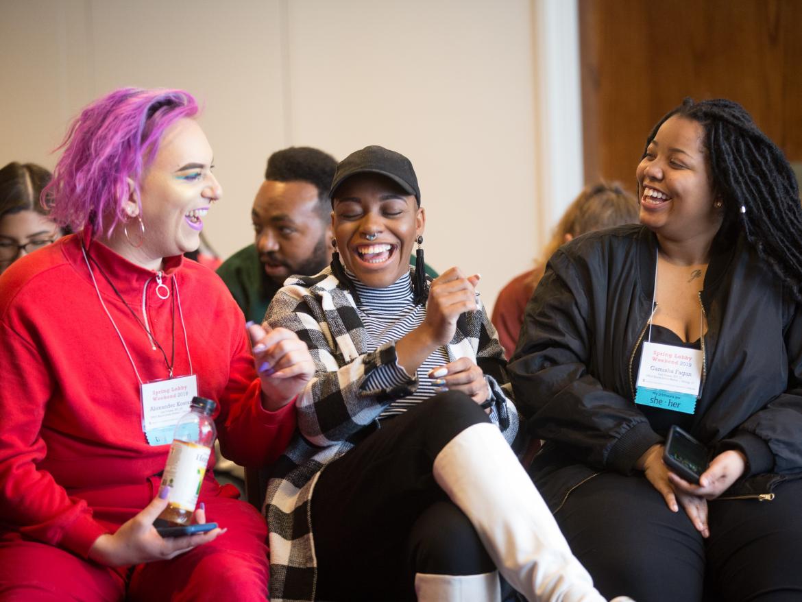 Young adults at Spring Lobby Weekend 2019 laugh together