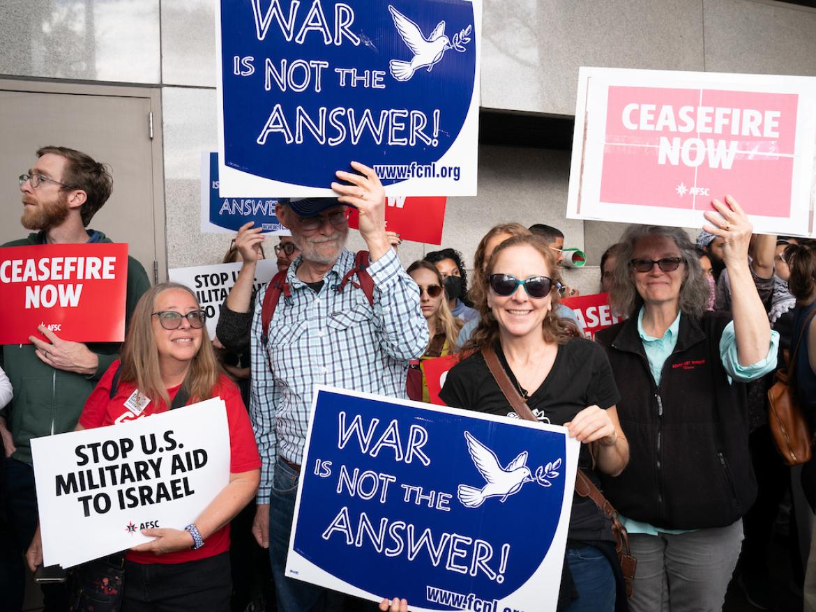 Quaker Advocates join Bridget Moix at rally calling for Ceasefire in Israel-Gaza War