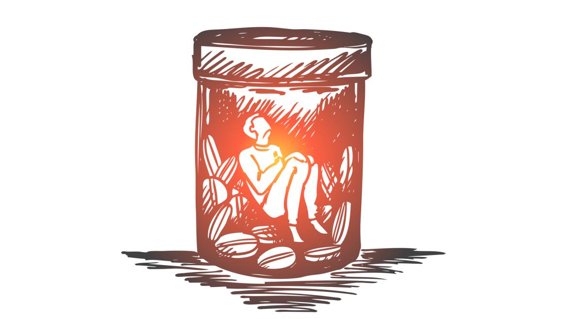 Drawing of a person stuck inside a pill bottle, looking up and out