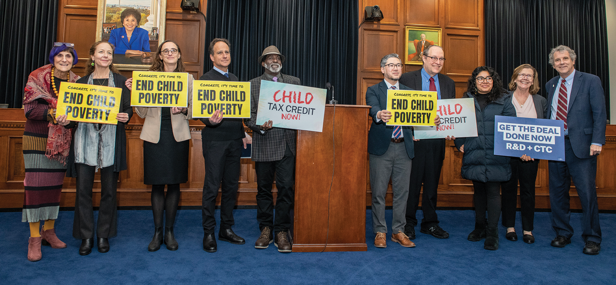 Rep. Rosa de Lauro (CT-03, far left) and Sen. Sherrod Brown (OH, far right) joined Bridget Moix and other faith leaders at a press conference in Congress. 