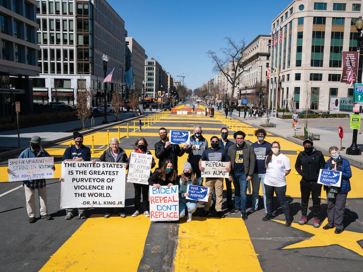 FCNL Advocacy Teams members protest in Washington, DC, calling for a repeal of the 2002 Iraq AUMF.