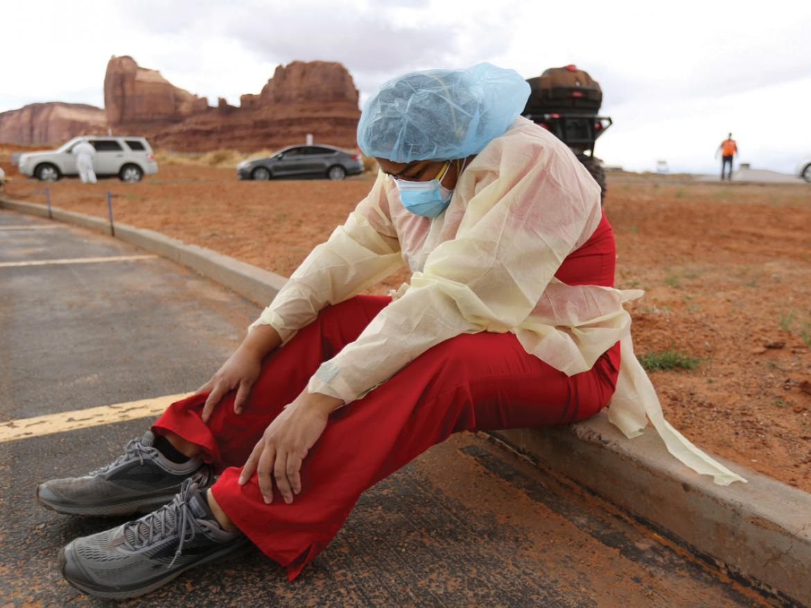 April 17, 2020 // Vehicles line up for COVID-19 testing outside of the Monument Valley Health Center in Oljato-Monument Valley, San Juan County, Utah. More than 1,000 people got tested over the course of two days. The Navajo Nation has one of the highest per capita COVID-19 infection rates in the country.