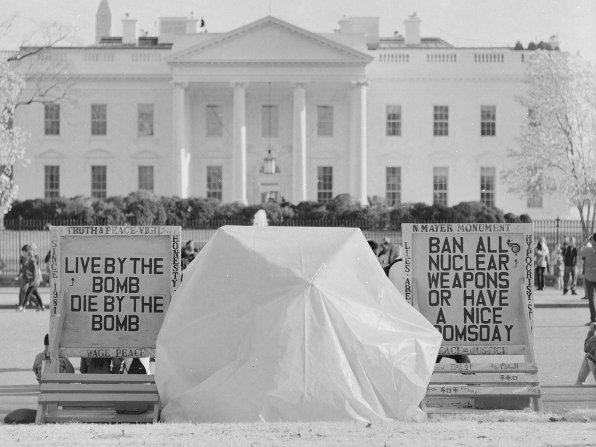 Nuclear Weapons: Protest signs in front of the White House.