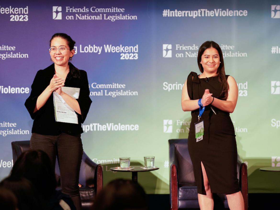 FCNL's Larissa and Giselle address the audience at Spring Lobby Weekend 2023