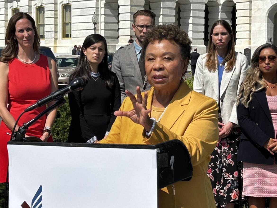 Representative Barbara Lee speaking at a press conference on repealing the 2002 Iraq AUMF on September 21, 2023.