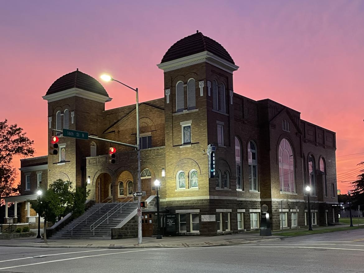 16th Street Baptist Church in Birmingham, AL depected at sunset