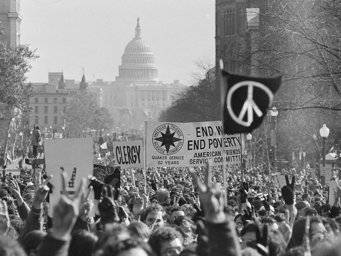 Anti-Vietnam War demonstrators march along Pennsylvania Avenue towards the White House during the Moratorium Day March on Washington, D.C., Nov. 15, 1969. 