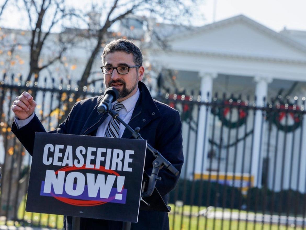 FCNL's Hassan El-Tayyab speaks at a rally in front of the White House for a permanent ceasefire in Israel-Palestine on November 29, 2023. 