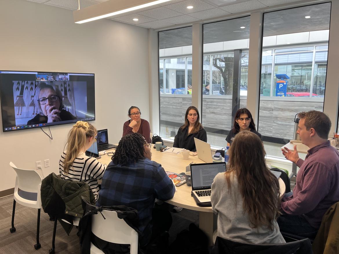 FCNL's Lauren Evans and other attendees of the Mines Action Canada disarmament seminar speak virtually to Elizabeth May, leader of the Green Party of Canada and MP.