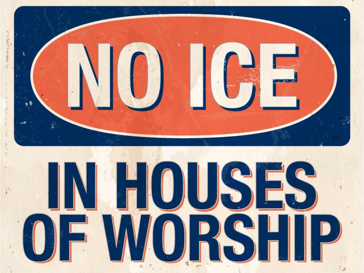 Graphic reading: Quakers Demand No ICE in Houses of Worship