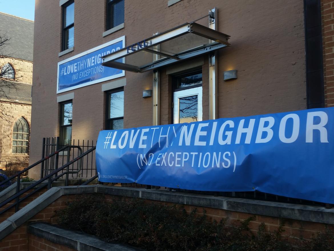 We've put 2 #LoveThyNeighbor (no exceptions) signs on our building facing the Hart Senate Office Building