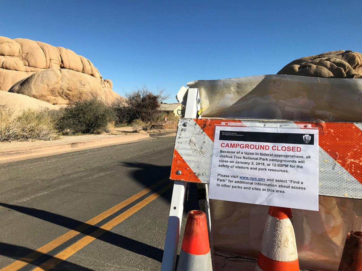 A campground closure notice due to the government shutdown at Joshua Tree National Park in southern California.