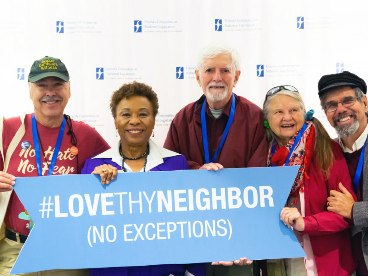 Rep. Barbara Lee (CA-13) and California Friends holding Love Thy Neighbor Sign at FCNL's Annual Meeting 2019.