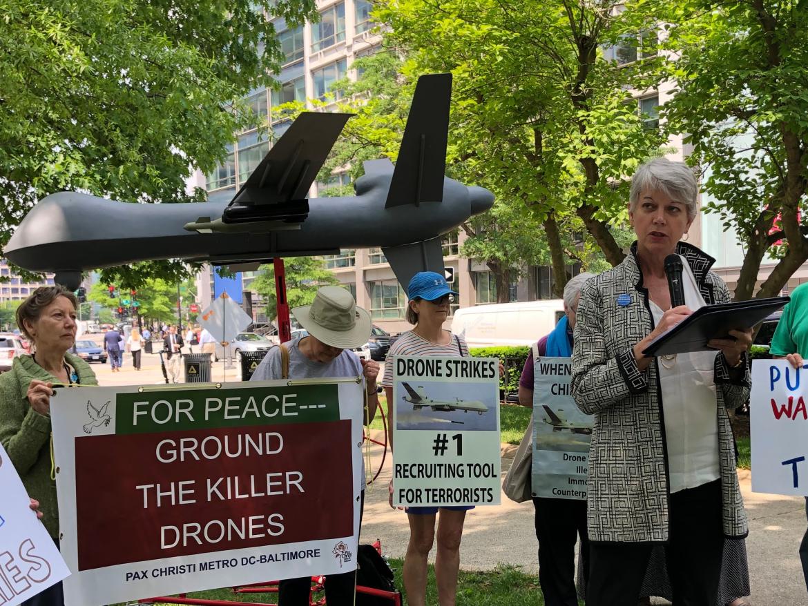 Diane Randall speaks at faith rally to end drone warfare. May 3, 2019