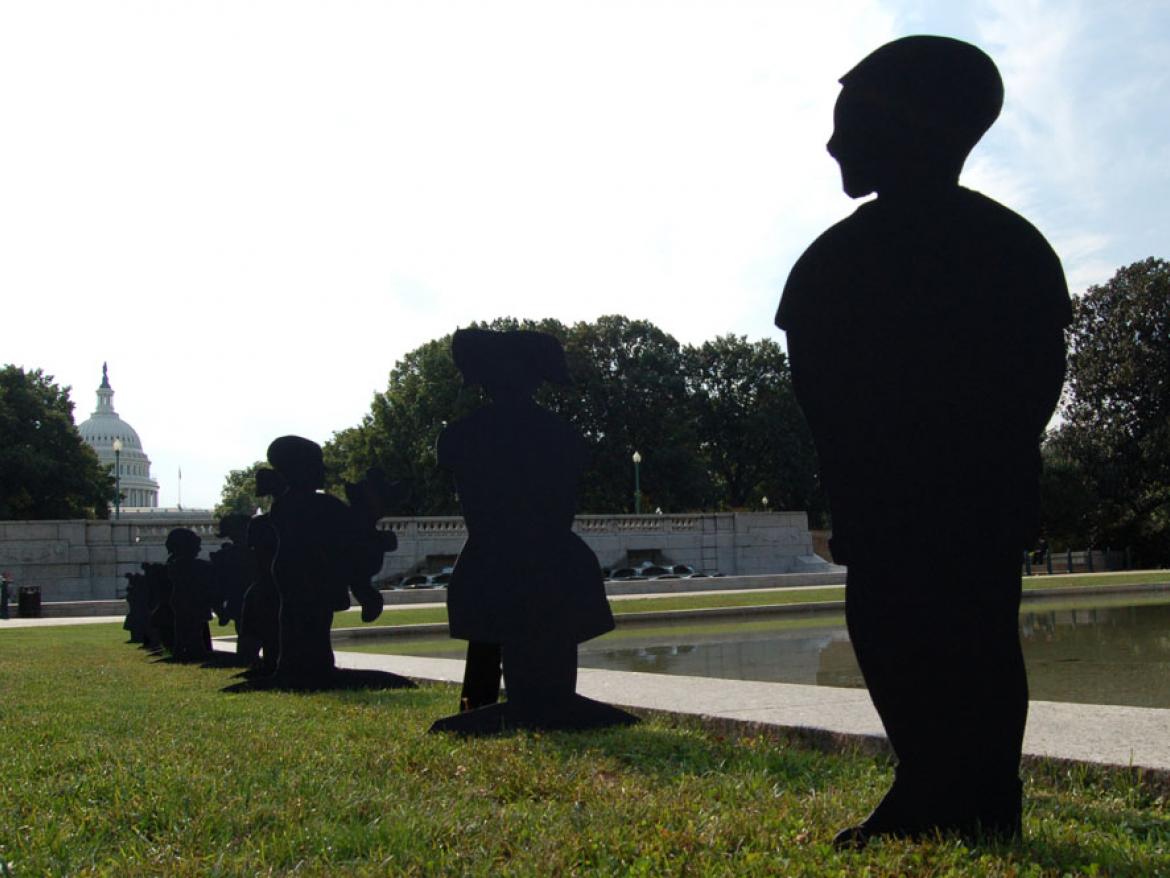Silhouettes of children, meant to represent the victims of landmines, displayed in front of the U.S. Capitol (2007).