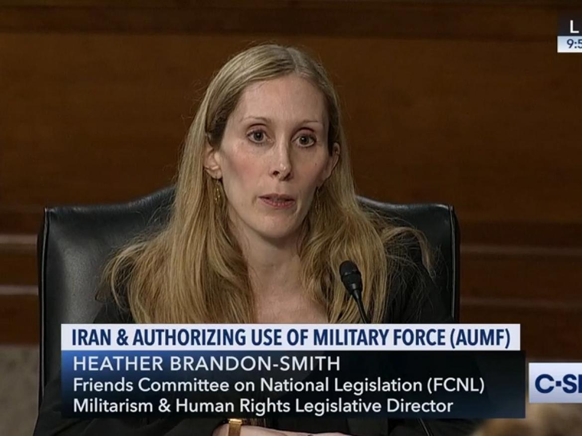 Heather Brandon-Smith testifying on AUMF on CSPAN. August 7, 2019.