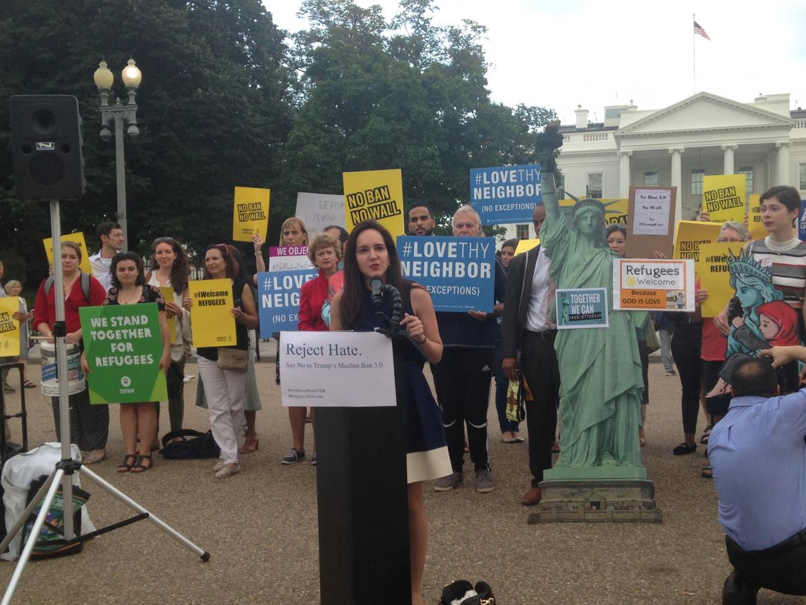 Legislative Representative Yasmine Taeb speaking at the rally organized on September 26, 2017 to oppose the Trump administration's latest travel ban. 