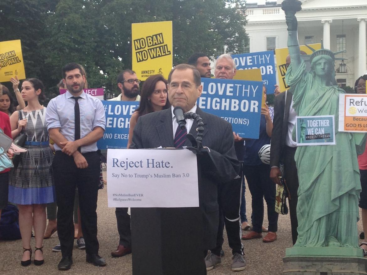 Representative Jerrold Nadler (NY- 10) speaking at FCNL's rally on September 26, 2017 to oppose the Trump administration's travel ban announced the previous Sunday. 