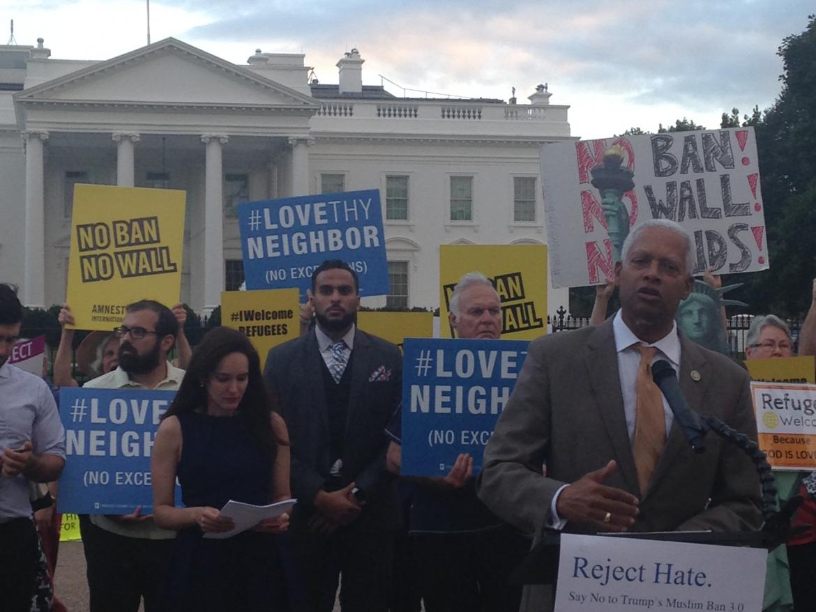 Representative Hank Johnson (GA- 4) speaking at the rally on September 26, 2017 opposing the most recent travel ban announced by the White House. 