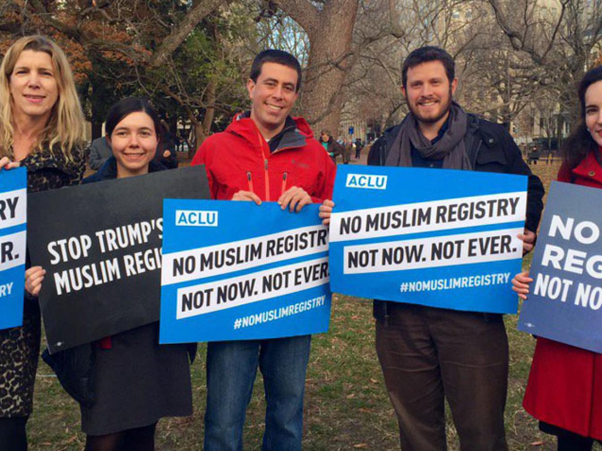 FCNL staff join colleagues from the ACLU and Oxfam to oppose a Muslim registry.