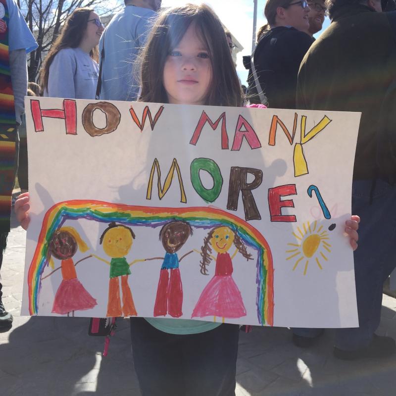 Child holding a sign that says "How many more" at March for our Lives in Washington, D.C.