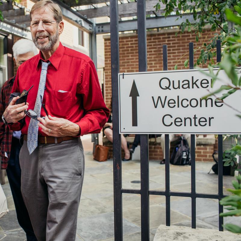 Deborah Roose exiting Quaker Welcome Center