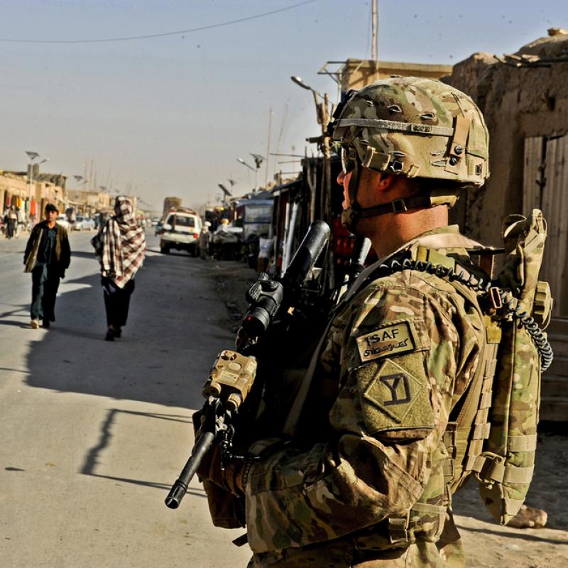 U.S. Army Spc. Jason Bruno secures an area during an assessment of the local bazaar in the Shah Joy district of Zabul province, Afghanistan, on Dec. 7, 2011. Bruno is a rifleman assigned to Provincial Reconstruction Team Zabul. 