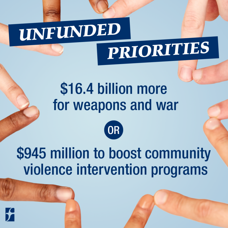 Graphic: $16.4 billion for weapons and war OR $945 million to boost community violence intervention programs