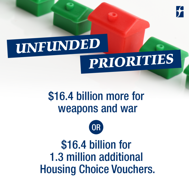 $16.4 billion for weapons and war OR $16.4 billion for 1.3 million additional Housing Choice Vouchers