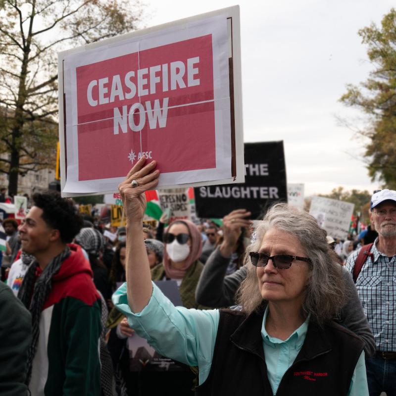 Advocates march in the streets of Washington, DC holding signs that say, "Ceasefire Now" and "War is Not the Answer"