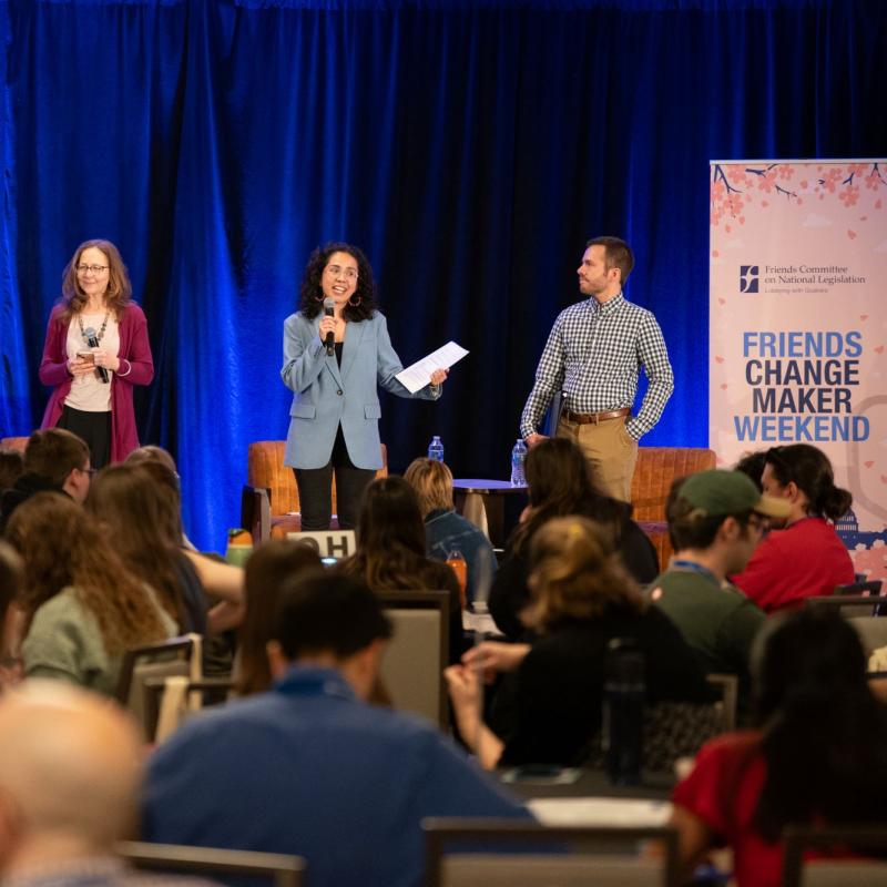 Four leaders welcoming people to Friends Changemaker Weekend