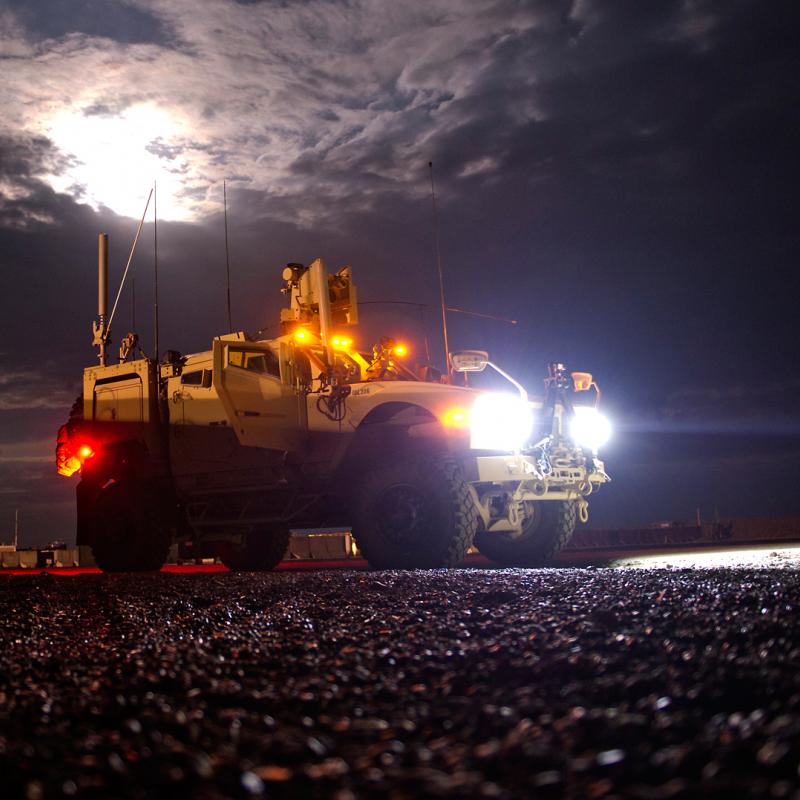 A mine resistant, ambush protected vehicle (MRAP)