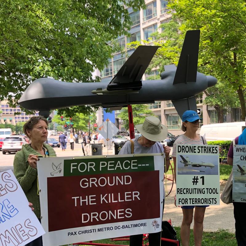 Diane Randall speaks at faith rally to end drone warfare. May 3, 2019