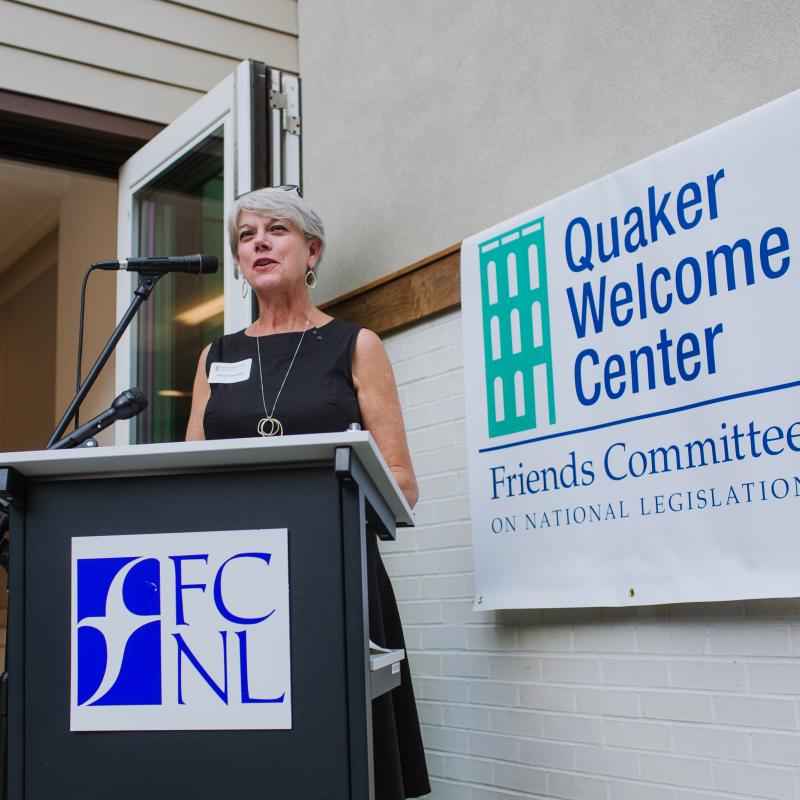 Diane Randall at the ribbon cutting for the Quaker Welcome Center