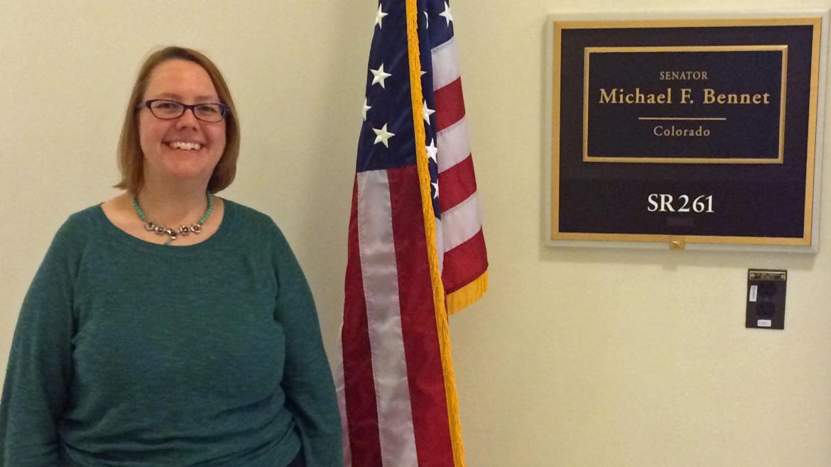 Sarah Avery ouside Sen. Michael Bennet's office after lobby for Iran Nuclear deal in 2015