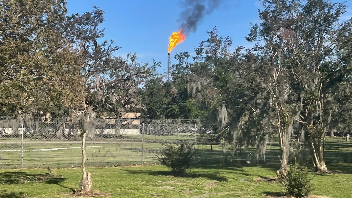 Gas flaring at the Shell Norco Refinery and Petrochemical plant in Louisiana. Gas flaring contributes to negative health impacts on frontline and fenceline communities. 