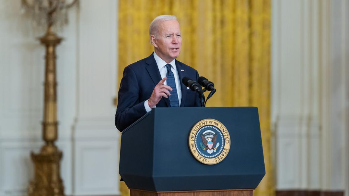 President Joe Biden delivers remarks in the East Room of the White House in Washington, D.C. February 15, 2022