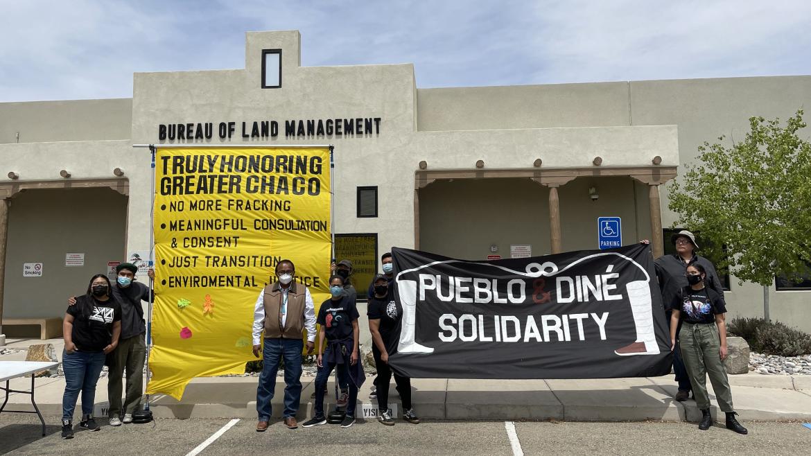 Members of the Greater Chaco Coalition rally and deliver nearly 80,000 comments to the Bureau of Land Management demanding greater protections for the Greater Chaco Landscape and surrounding communities from expanded oil and gas activities in May 2022