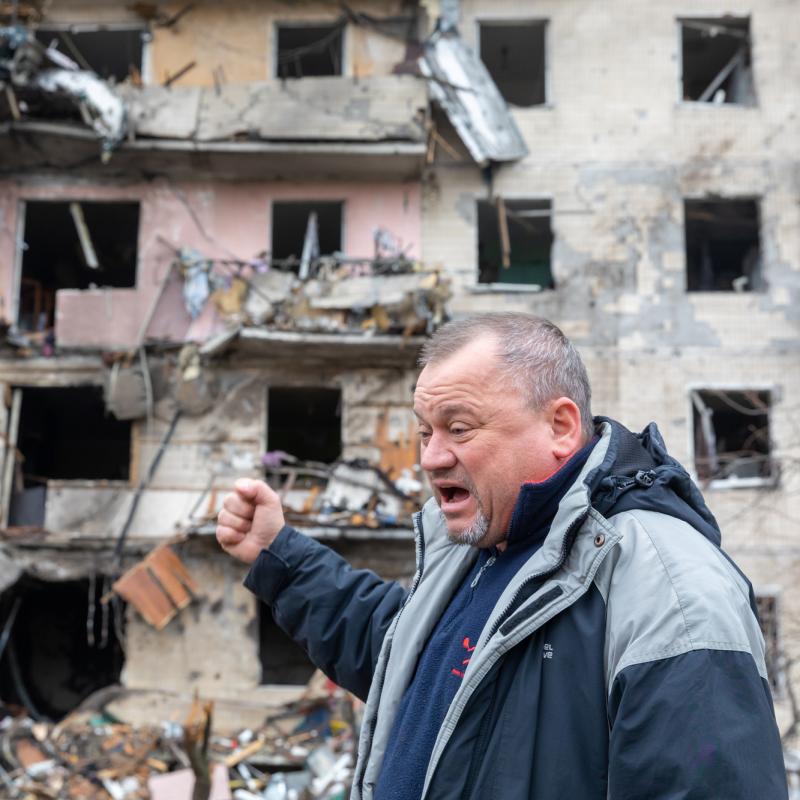 KYIV, UKRAINE - Feb. 25, 2022: View of a civilian building damaged following a Russian rocket attack the city of Kyiv, Ukraine 